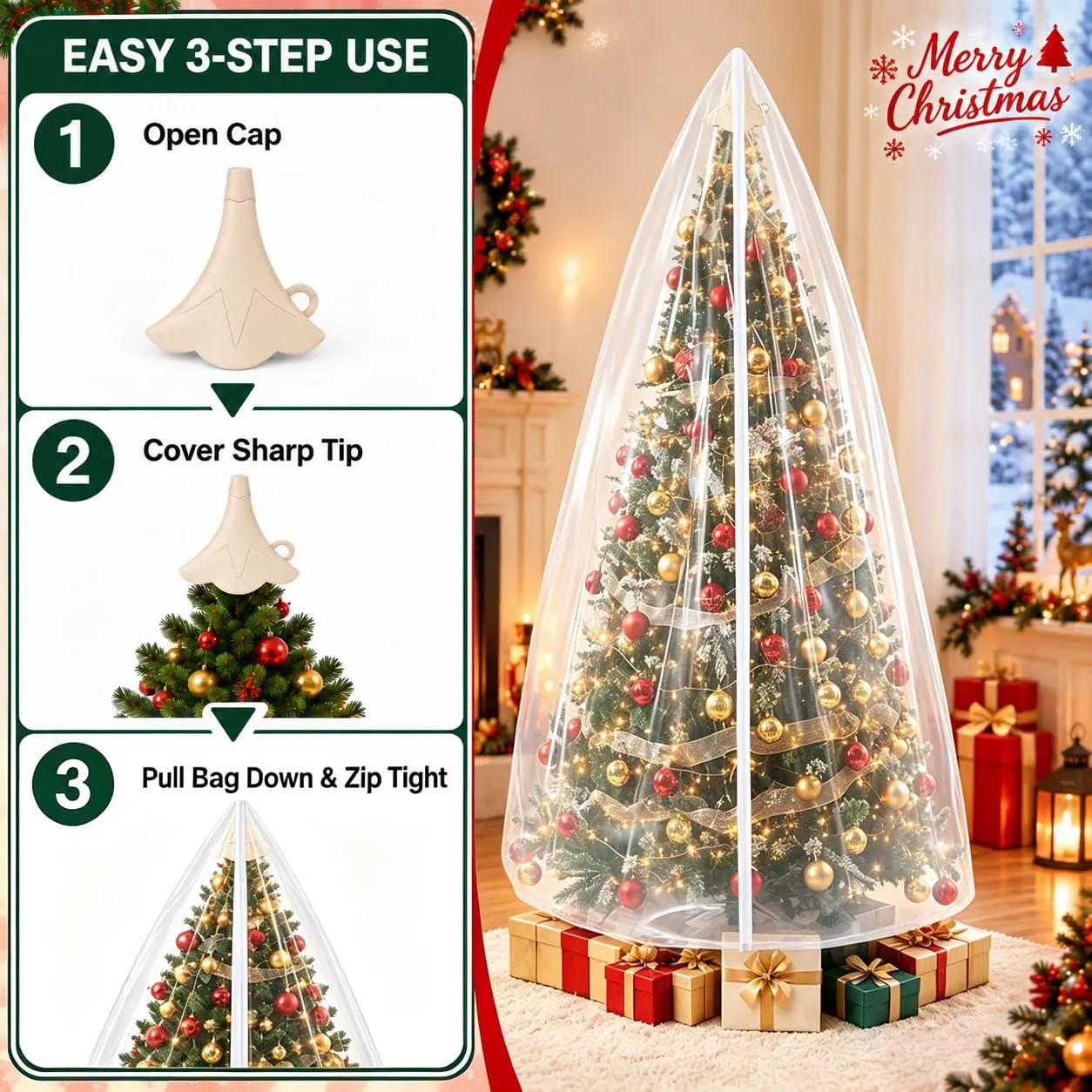 Detail callouts – sturdy zipper, 0.08 mm thick PE material, bottom drawstring, and the easy 3-step use: open cap, cover sharp tip, pull bag down and zip