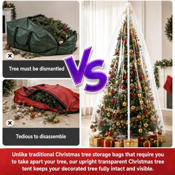 Comparison – traditional tree bags require dismantling and tedious disassembly, versus the upright clear cover that keeps the decorated tree intact and visible