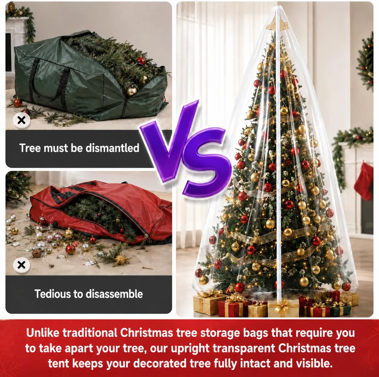 Comparison – traditional tree bags require dismantling and tedious disassembly, versus the upright clear cover that keeps the decorated tree intact and visible