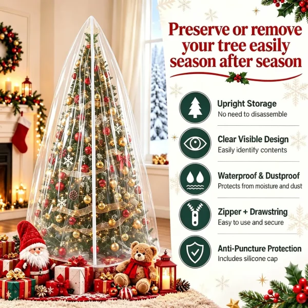 Preserve or remove your tree easily season after season – upright storage, clear visible design, waterproof and dustproof, zipper plus drawstring, anti-puncture silicone cap