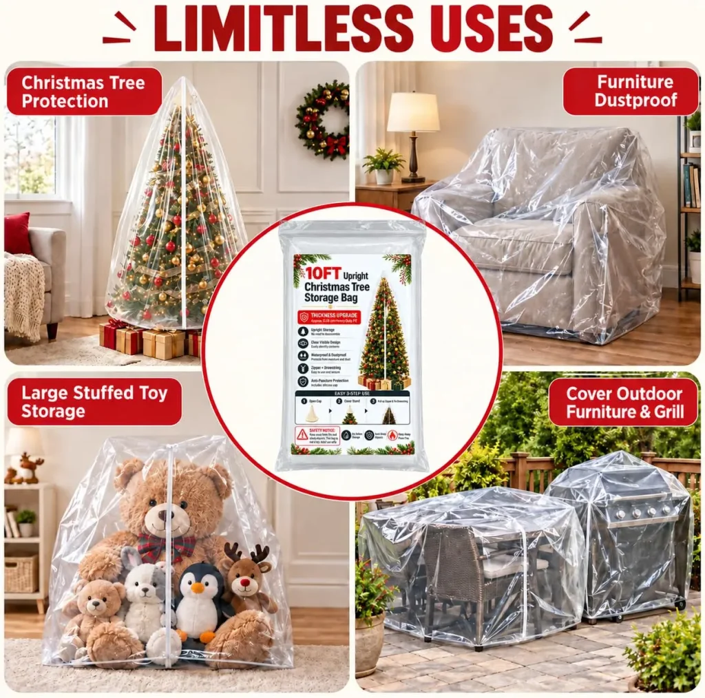 Limitless uses – Christmas tree protection, furniture dust cover, large stuffed toy storage, covering outdoor furniture and a grill