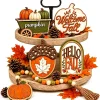 Allyix 5-piece fall tiered tray decor set styled on a two-tier wooden tray – Hello Fall arch, acorn maple leaf, pumpkin cart, Welcome Fall pumpkin and bead garland