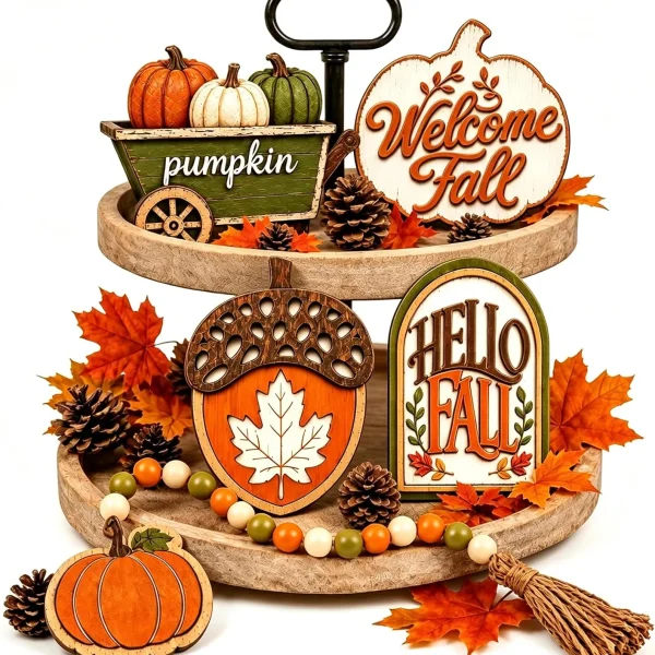 Allyix 5-piece fall tiered tray decor set styled on a two-tier wooden tray – Hello Fall arch, acorn maple leaf, pumpkin cart, Welcome Fall pumpkin and bead garland