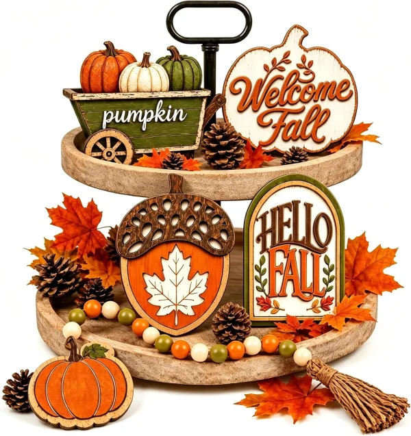 Allyix 5-piece fall tiered tray decor set styled on a two-tier wooden tray – Hello Fall arch, acorn maple leaf, pumpkin cart, Welcome Fall pumpkin and bead garland