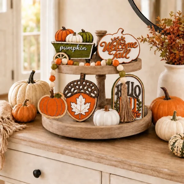 Fall wooden signs and bead garland on a tiered tray on a sideboard with pumpkins and a round mirror