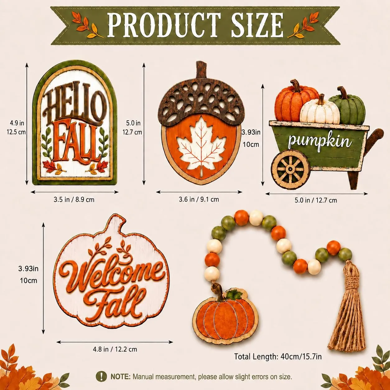 Size chart for the fall tiered tray decor set – signs 3.9 to 5 inches, bead garland 15.7 inches