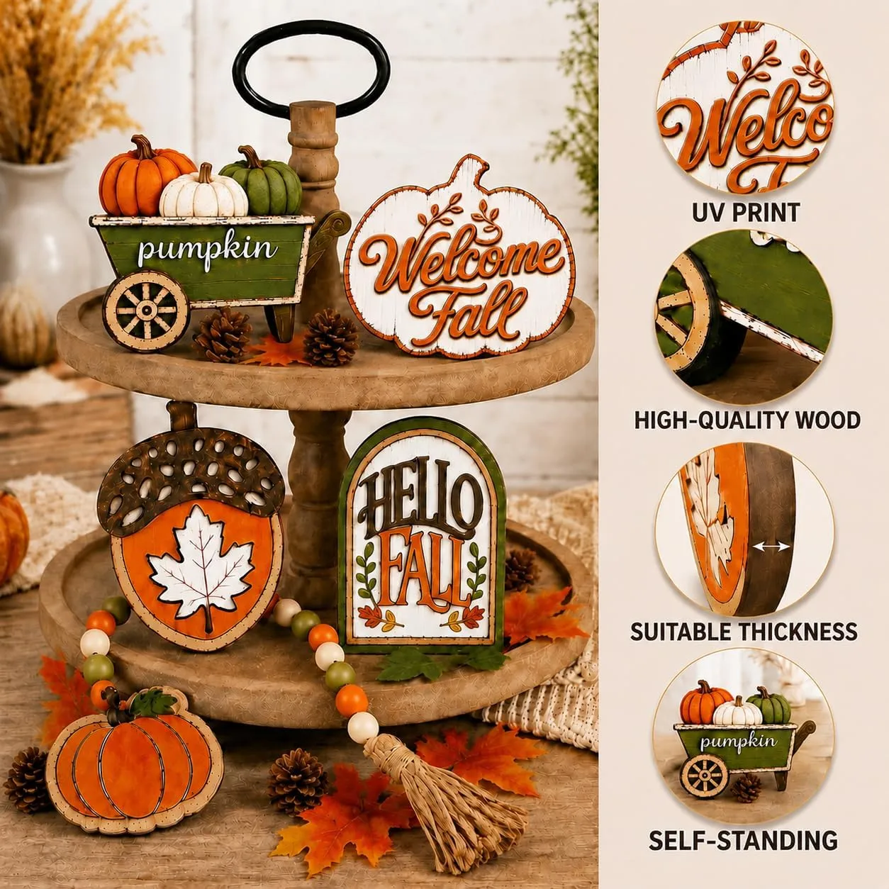 Fall tiered tray decor set with callouts – UV print, high-quality wood, suitable thickness, self-standing
