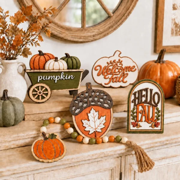 Fall wooden signs and bead garland arranged on a shelf with a vase of dried stems and pumpkins, no tray