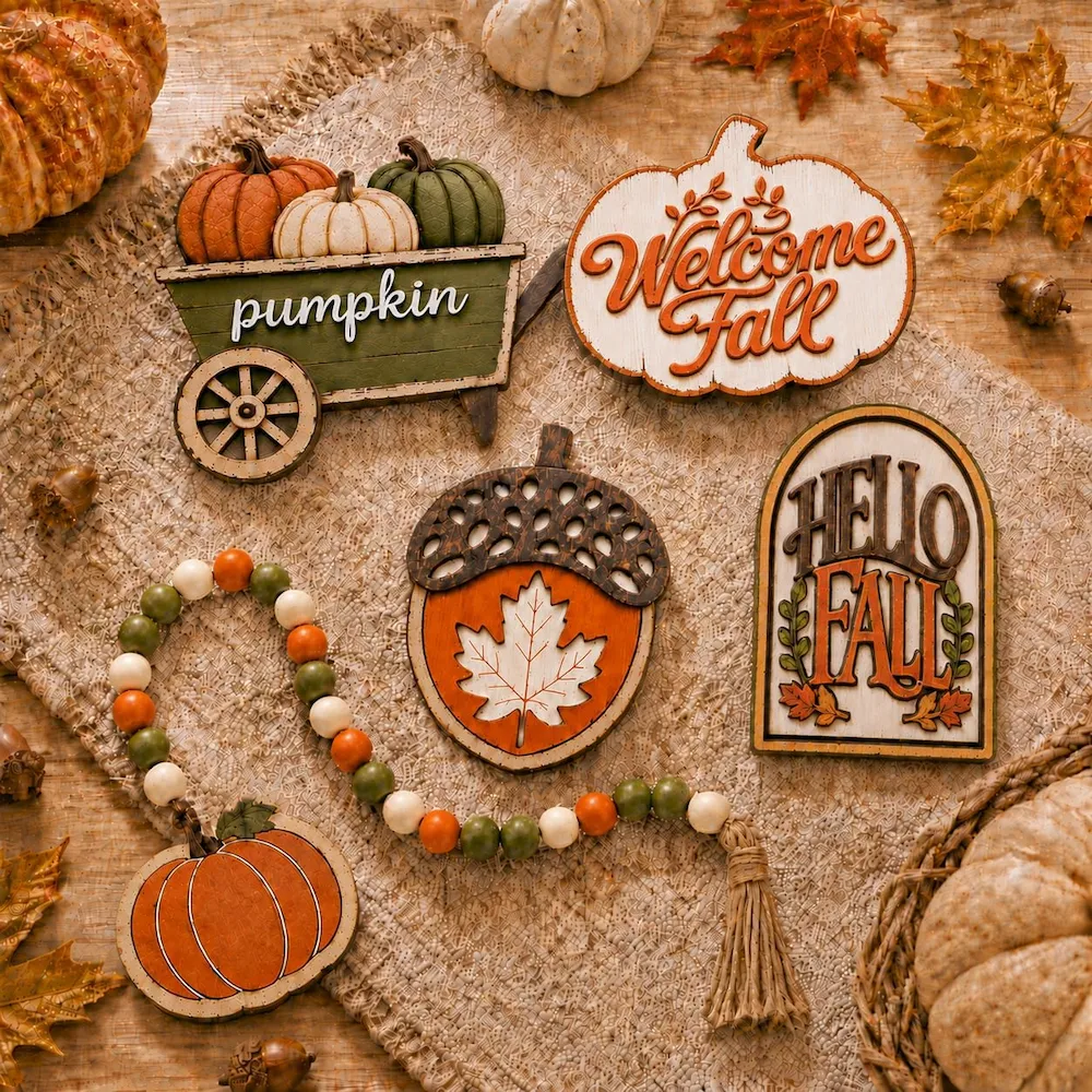 Flat lay of the five fall tiered tray decor pieces on burlap with maple leaves