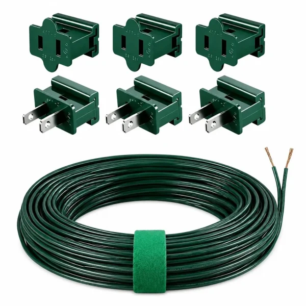 Allyix 50 ft green SPT-1 Christmas light wire kit with 3 male and 3 female vampire plugs and storage strap
