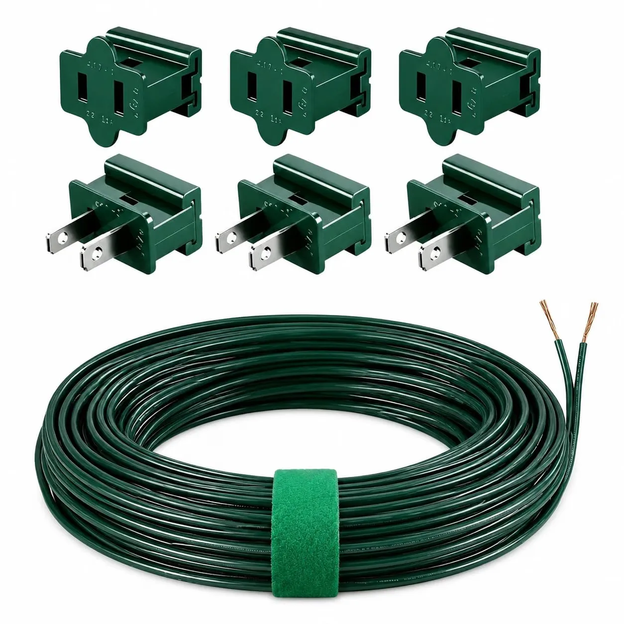Allyix 50 ft green SPT-1 Christmas light wire kit – coil of green 18/2 wire with storage strap, 3 male and 3 female vampire plugs