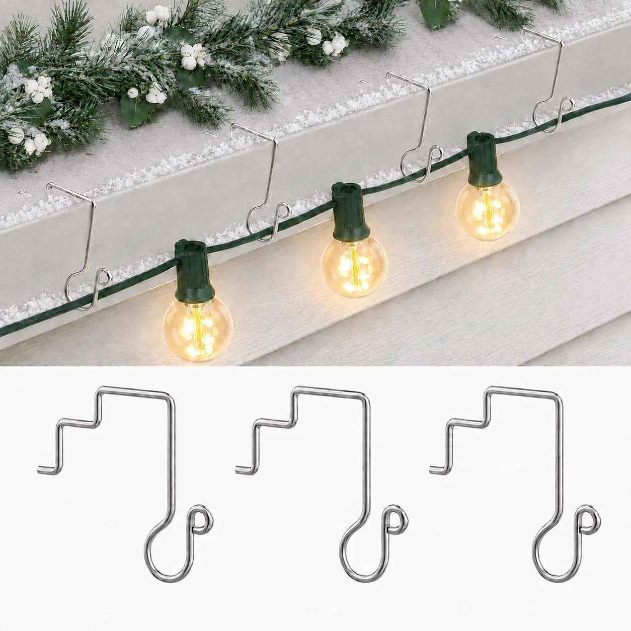Allyix stainless steel gutter clips holding a G40 Christmas light string on a snow-covered gutter, with three clips shown on white