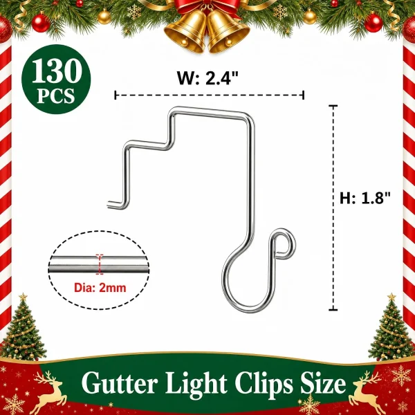 Size chart for Allyix gutter light clips – 2.4 in wide, 1.8 in tall, 2 mm stainless steel wire, 130 pack