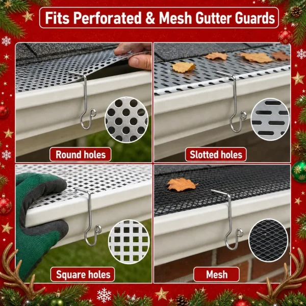 Allyix gutter clips fitting perforated gutter guards with round, slotted and square holes, and micro-mesh guards