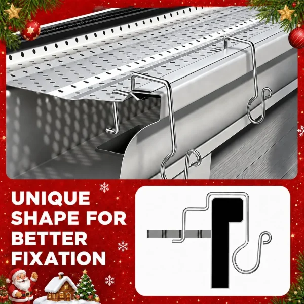 Cutaway view of a stainless steel gutter clip dropping through a perforated gutter guard and hooking the gutter's front lip