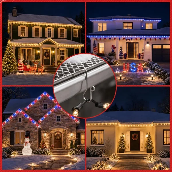 Four houses with straight, evenly spaced Christmas roofline lights hung with gutter clips, and a close-up of a clip holding a bulb wire