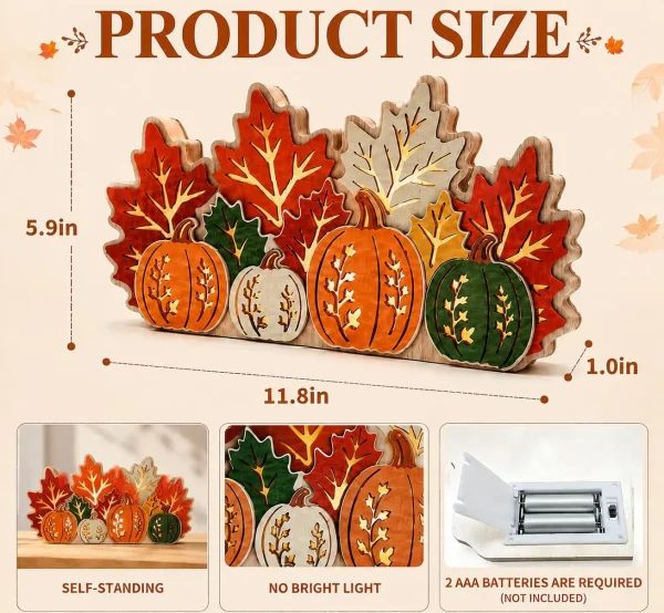 Allyix lighted wooden pumpkin and maple leaf centerpiece – 11.8 x 5.9 x 1 in, self-standing, soft LED light, 2 AAA batteries