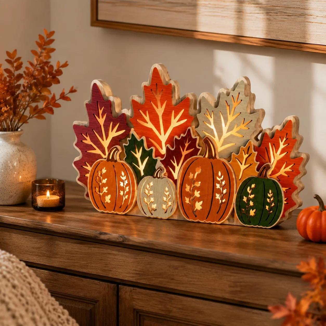 Allyix lighted wooden pumpkin and maple leaf centerpiece glowing on a wooden sideboard with dried fall florals and a candle