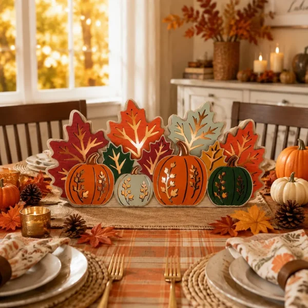 Lighted wooden pumpkin centerpiece on a Thanksgiving dining table with a plaid runner and place settings