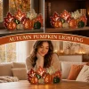 Autumn pumpkin lighting decor shown on a shelf, a sideboard and a coffee table