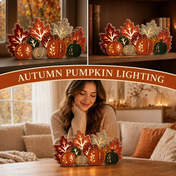 Autumn pumpkin lighting decor shown on a shelf, a sideboard and a coffee table