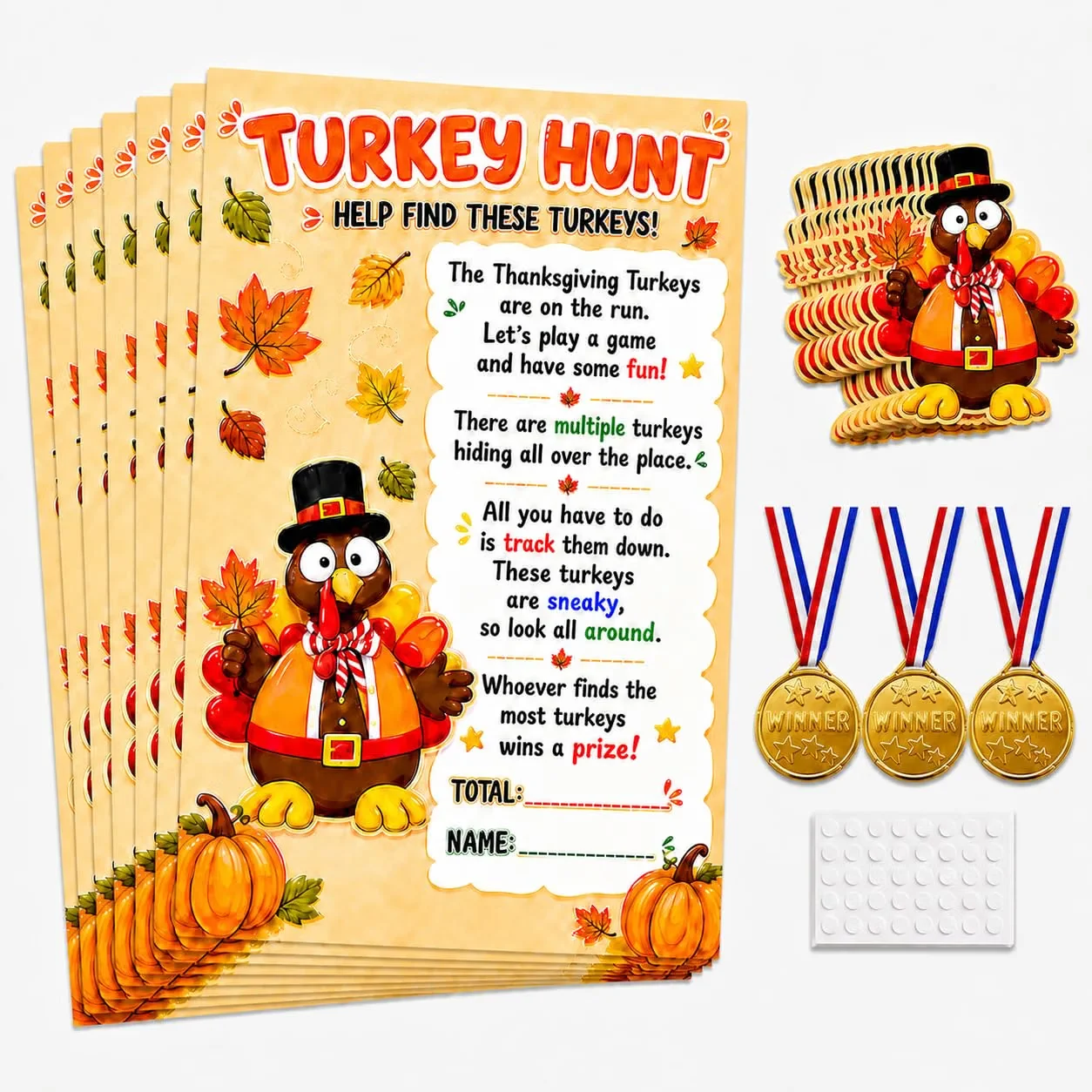 Allyix Thanksgiving turkey hunt game set – 25 game cards, 50 paper turkeys, 3 gold winner medals and glue dots