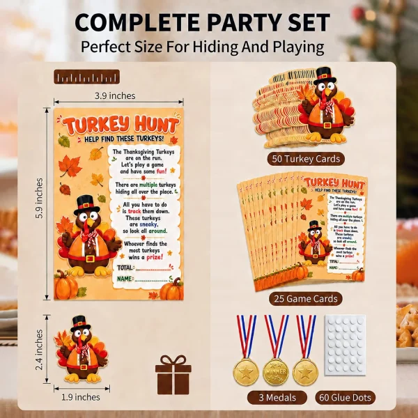 Complete Thanksgiving turkey hunt game set with sizes – 3.9 x 5.9 in game cards, 1.9 x 2.4 in paper turkeys, 3 medals, 60 glue dots