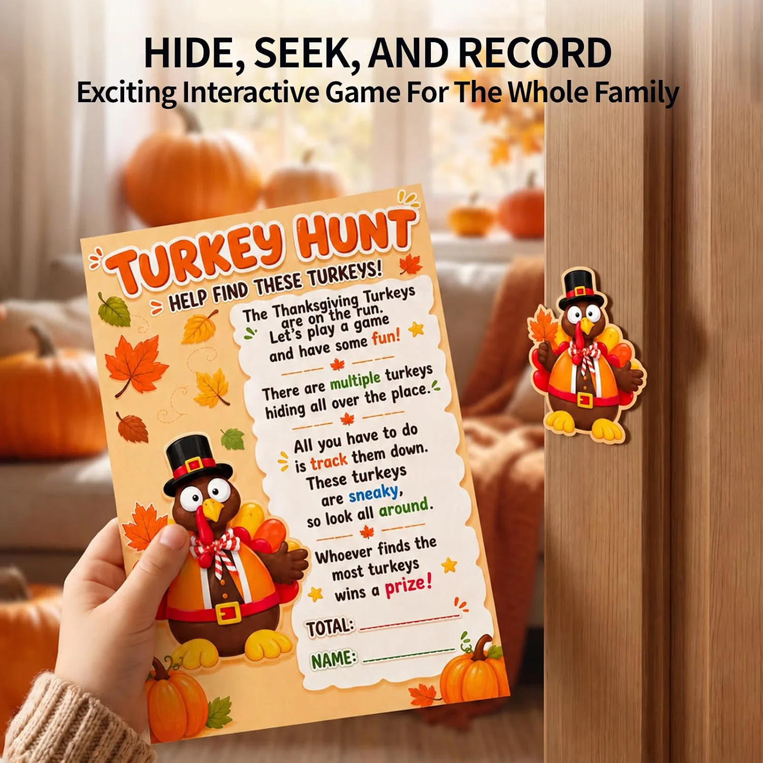 Close-up of the Turkey Hunt game card with a paper turkey hidden on a door frame