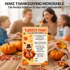 Thanksgiving turkey hunt game card on a table with pumpkins and a family in the background