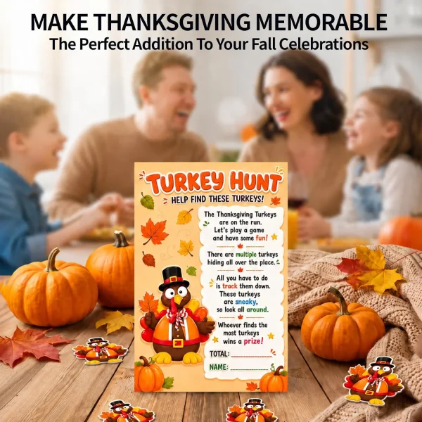 Thanksgiving turkey hunt game card on a table with pumpkins and a family in the background