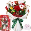 Allyix Christmas crochet flower bouquet – hand-crocheted Santa, red rose, star and Christmas tree with pinecones, berries and greenery, wrapped in white and gold paper with a green Merry Christmas ribbon, shown with the included red gift bag and greeting card