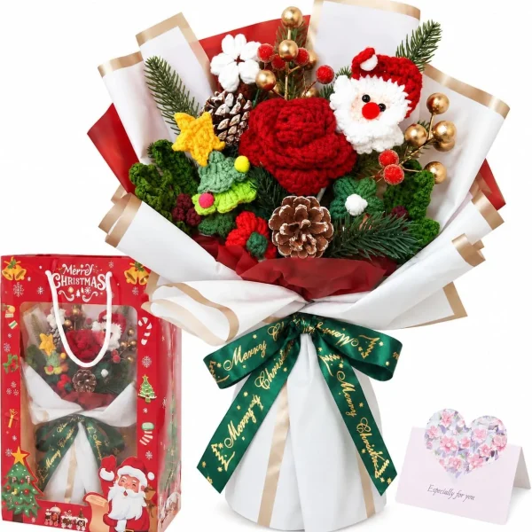 Allyix Christmas crochet flower bouquet – hand-crocheted Santa, red rose, star and Christmas tree with pinecones, berries and greenery, wrapped in white and gold paper with a green Merry Christmas ribbon, shown with the included red gift bag and greeting card