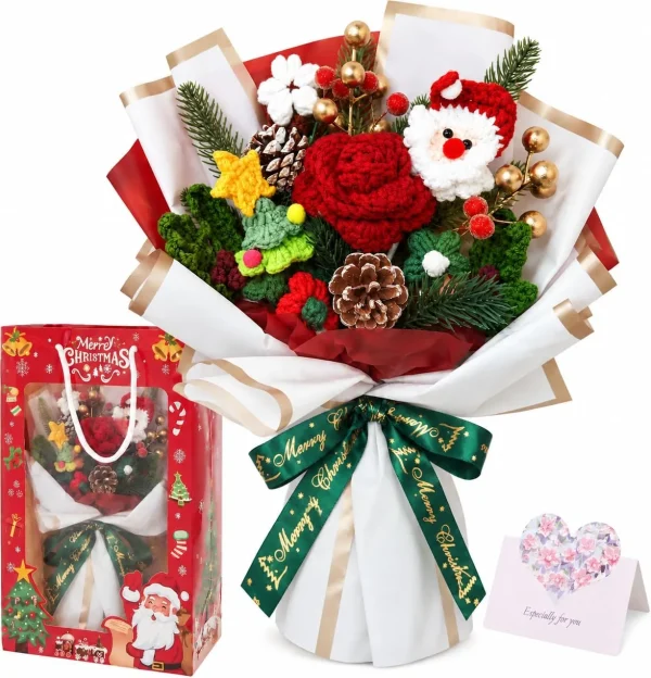 Allyix Christmas crochet flower bouquet – hand-crocheted Santa, red rose, star and Christmas tree with pinecones, berries and greenery, wrapped in white and gold paper with a green Merry Christmas ribbon, shown with the included red gift bag and greeting card