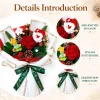 Close-up details of the Christmas crochet bouquet – hand-knitted Santa face, knitted red rose and the green Merry Christmas ribbon bow