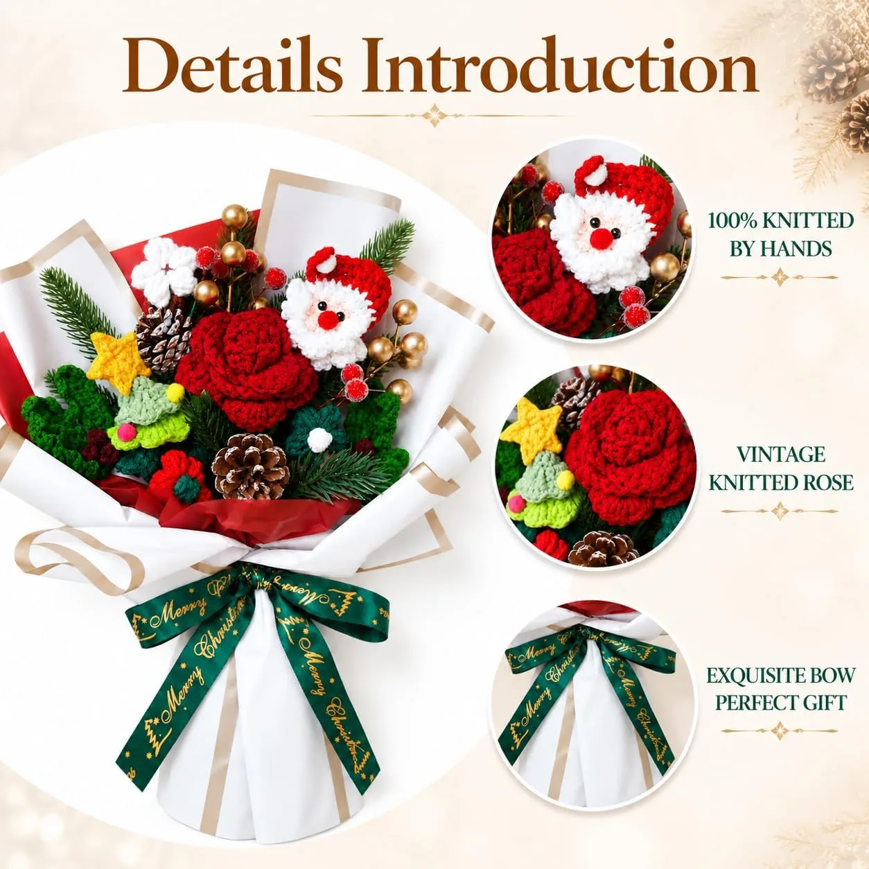 Close-up details of the Christmas crochet bouquet – hand-knitted Santa face, knitted red rose and the green Merry Christmas ribbon bow