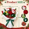 Product size chart – crochet Christmas bouquet about 13.8 inches tall and 9.8 inches wide, with insets of the Santa, rose, tree, green bloom and berry elements