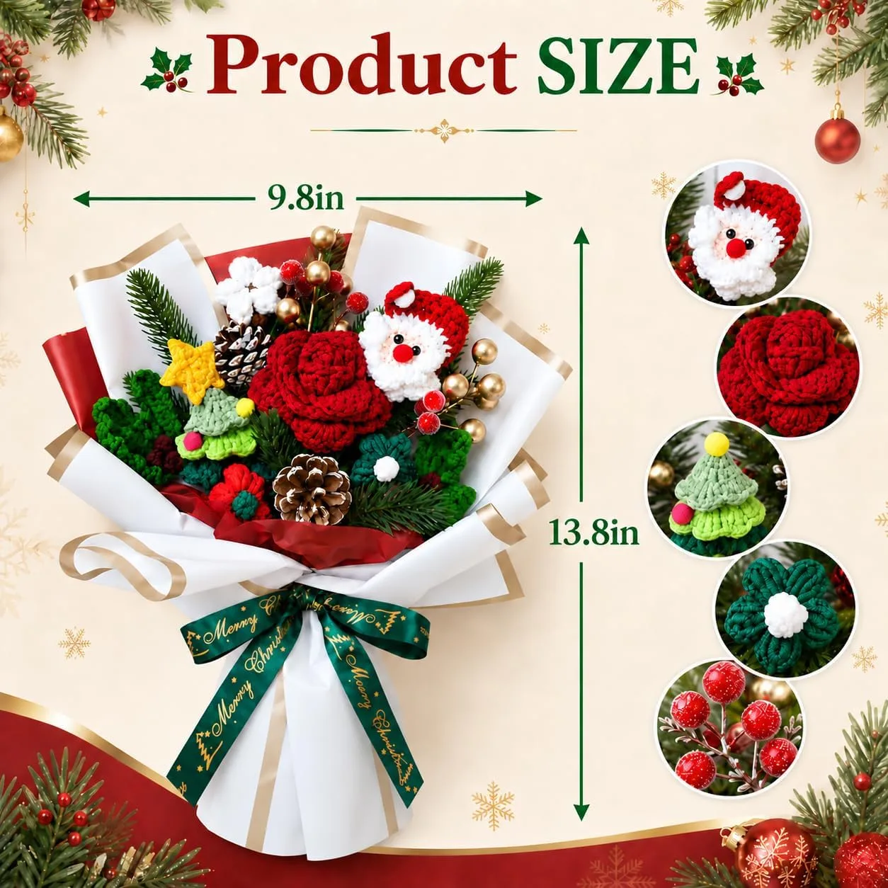 Product size chart – crochet Christmas bouquet about 13.8 inches tall and 9.8 inches wide, with insets of the Santa, rose, tree, green bloom and berry elements