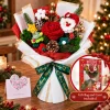 The wrapped crochet Christmas bouquet on a wooden dining table with the greeting card, inset showing the red gift bag with the bouquet inside – gift bag and card included