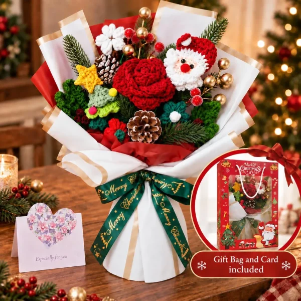 The wrapped crochet Christmas bouquet on a wooden dining table with the greeting card, inset showing the red gift bag with the bouquet inside – gift bag and card included