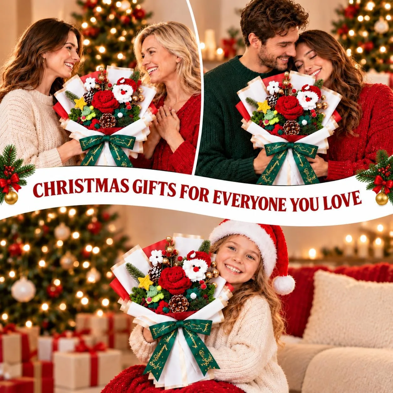 Christmas gifts for everyone you love – friends, a couple and a young girl each holding the crochet Christmas bouquet