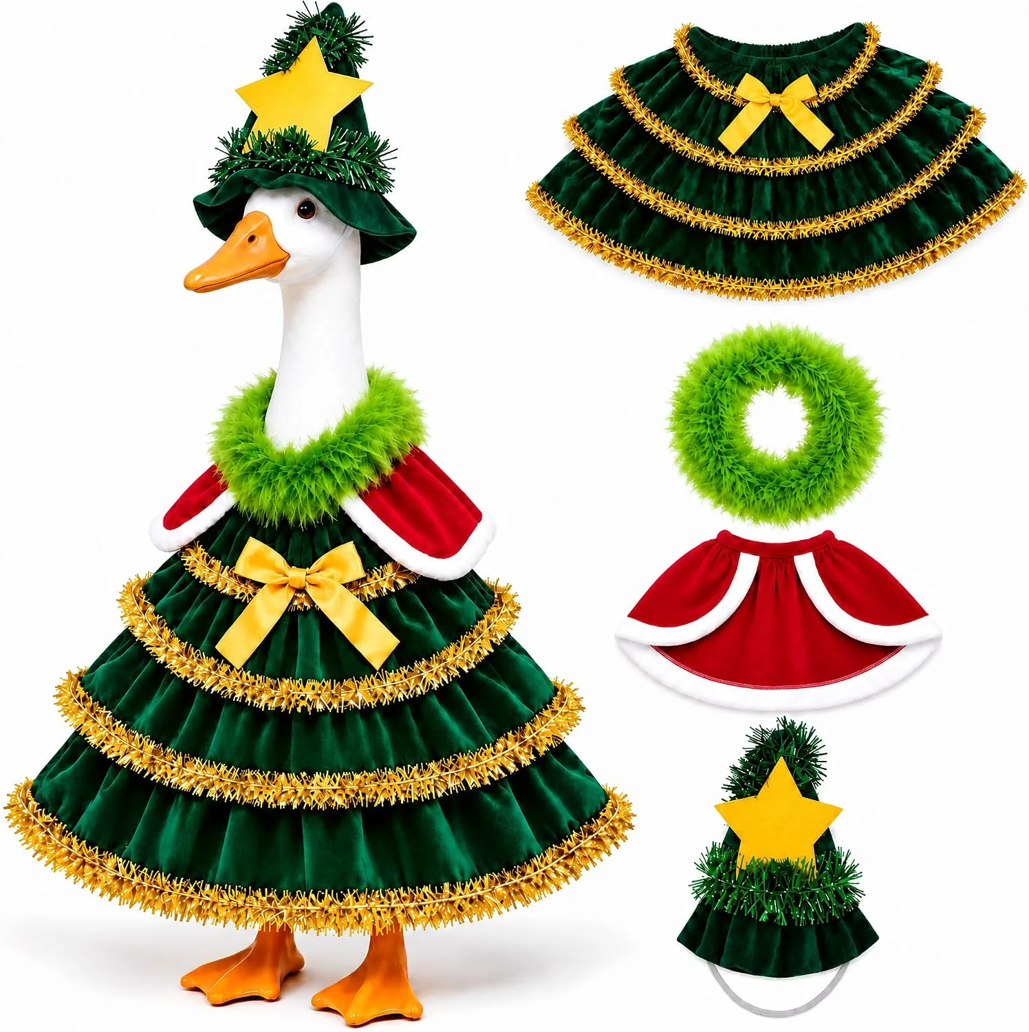Allyix Christmas tree porch goose outfit on a 23 inch white goose statue, with the four pieces – star hat, green plush collar, red cape and tiered tinsel skirt – shown separately