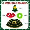 Size chart – suitable for a 23 inch goose: tree hat 7.5 inches, red cape 5.9 inches, plush collar 5.5 inches, tiered skirt 10.6 inches