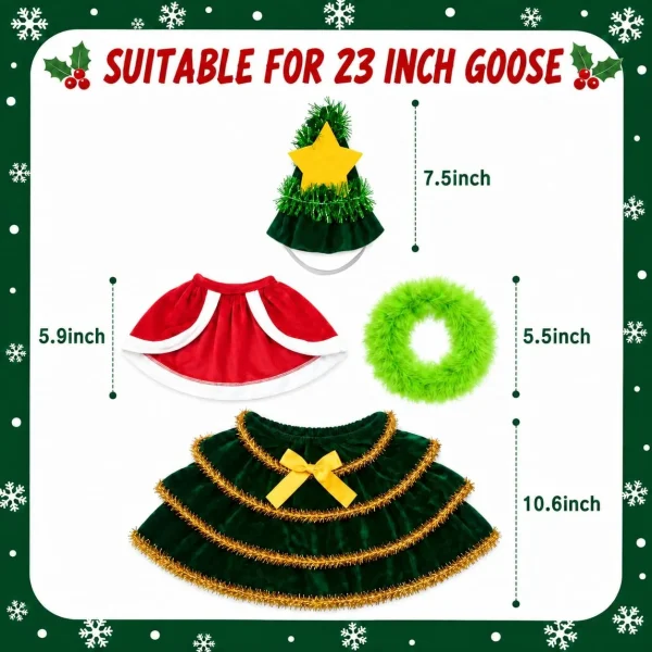 Size chart – suitable for a 23 inch goose: tree hat 7.5 inches, red cape 5.9 inches, plush collar 5.5 inches, tiered skirt 10.6 inches