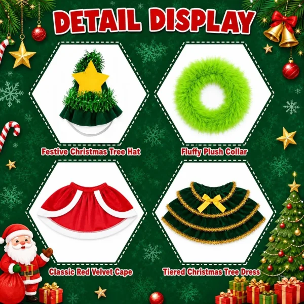 Detail display of the four pieces: festive Christmas tree hat, fluffy plush collar, classic red cape and tiered Christmas tree dress