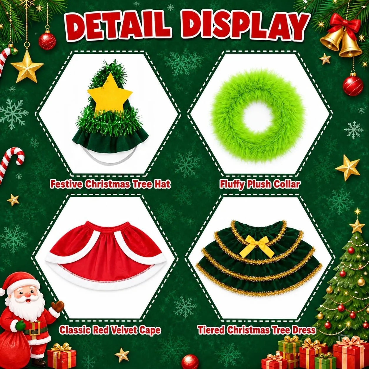 Detail display of the four pieces: festive Christmas tree hat, fluffy plush collar, classic red cape and tiered Christmas tree dress