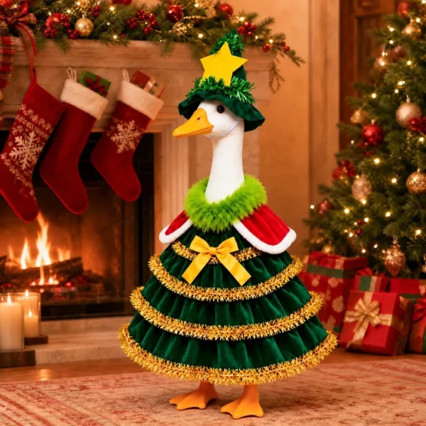 Porch goose in the Christmas tree outfit indoors in front of a fireplace with stockings, a tree and wrapped gifts