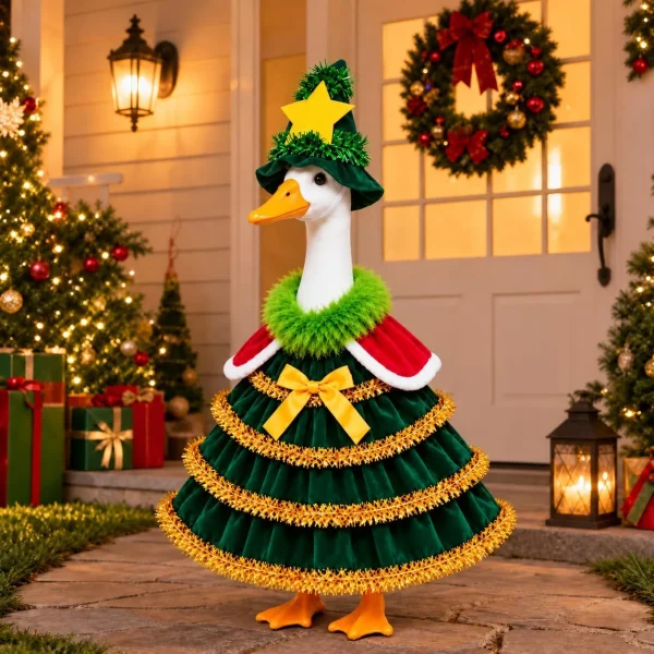 Porch goose in the Christmas tree outfit on a front porch beside a white door with a wreath, a lantern and wrapped gifts