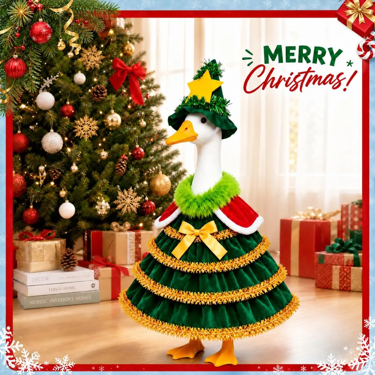 Porch goose in the Christmas tree outfit standing in snow in front of a lit house entrance with wreaths