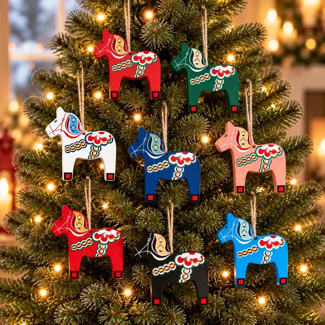 Allyix set of 8 Swedish Dala horse Christmas ornaments in red, green, white, dark blue, orange, black, light blue and light pink hanging on a lit Christmas tree
