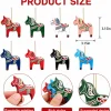 Product size chart – eight Dala horse ornaments, each 3.15 inches tall and 3.15 inches long, with close-ups of the printing, the color range and the hanging cord through the back